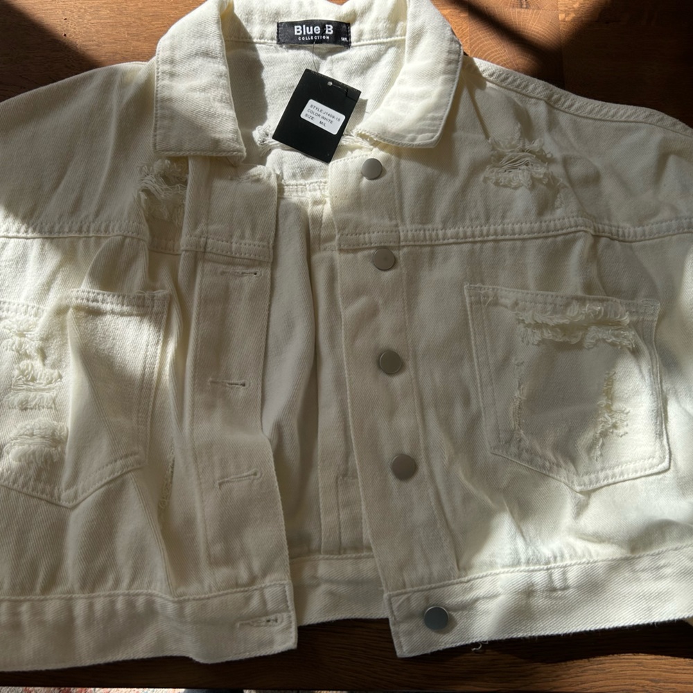 White jean distressed jacket with sequin fringe- brand new size M/L